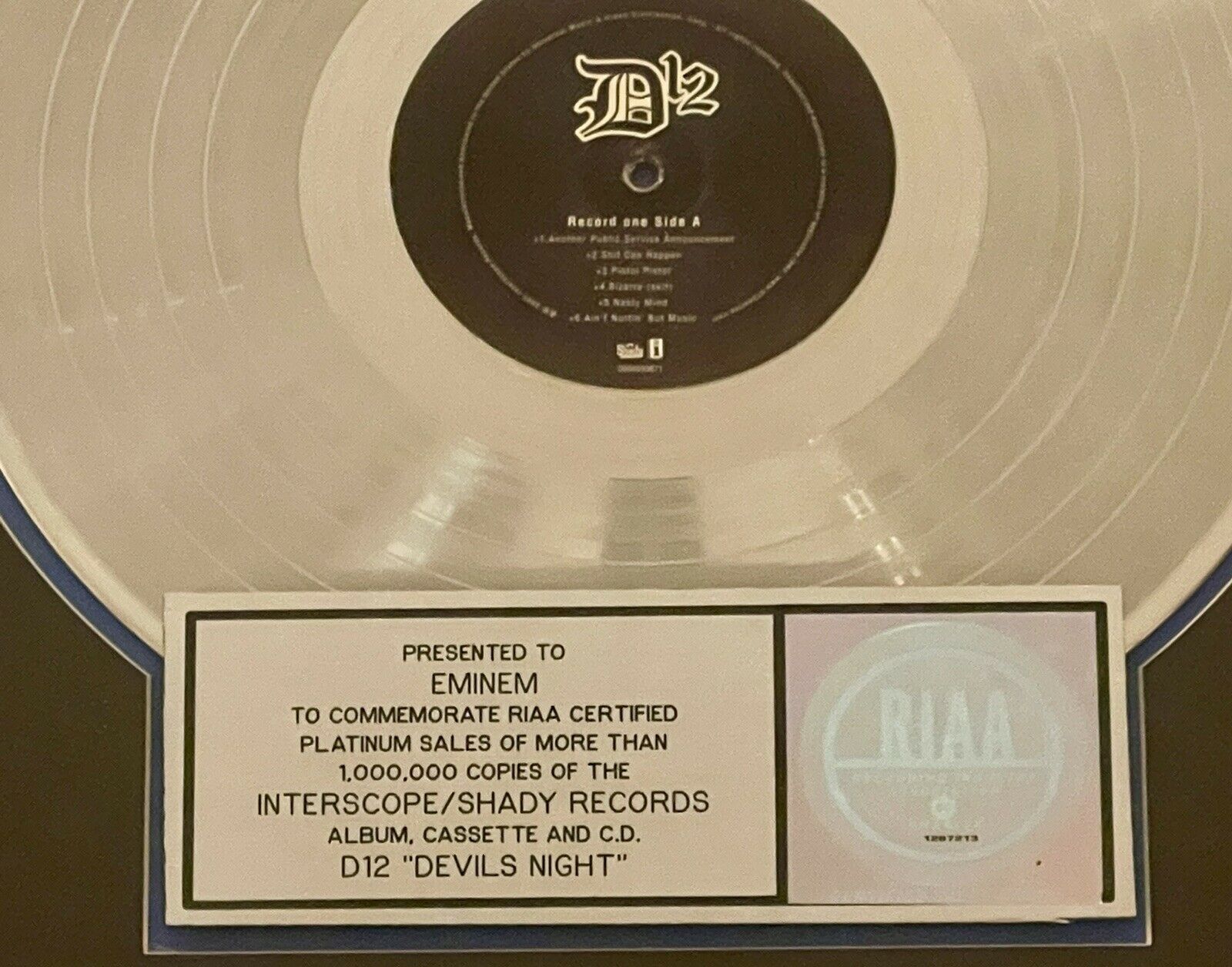 Eminem D12 / Devil's Night RIAA Platinum Album Award Presented to