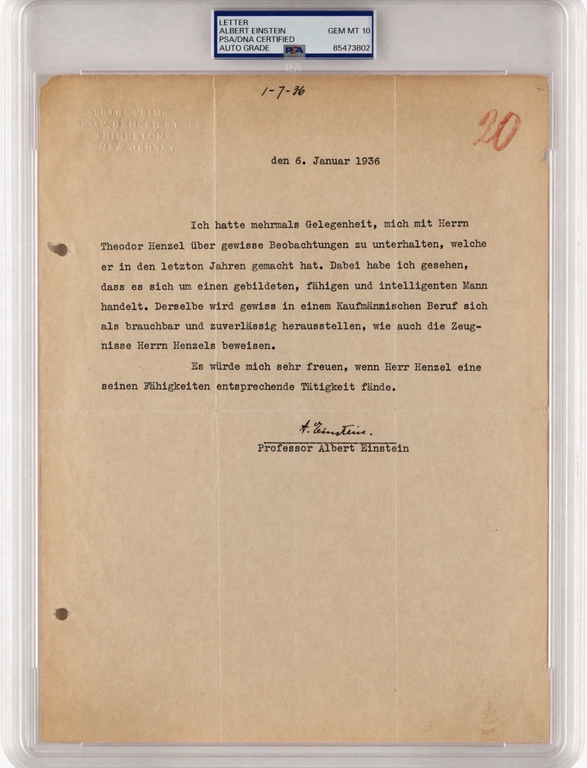 Albert Einstein-Signed Letter-PSA-DNA-GEM MINT 10-1936